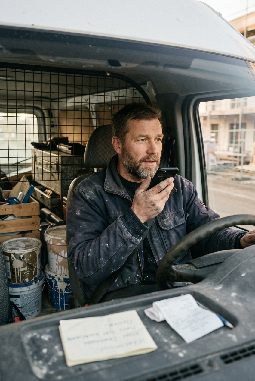 Generated image of a renovator in a work van, speaking into his phone